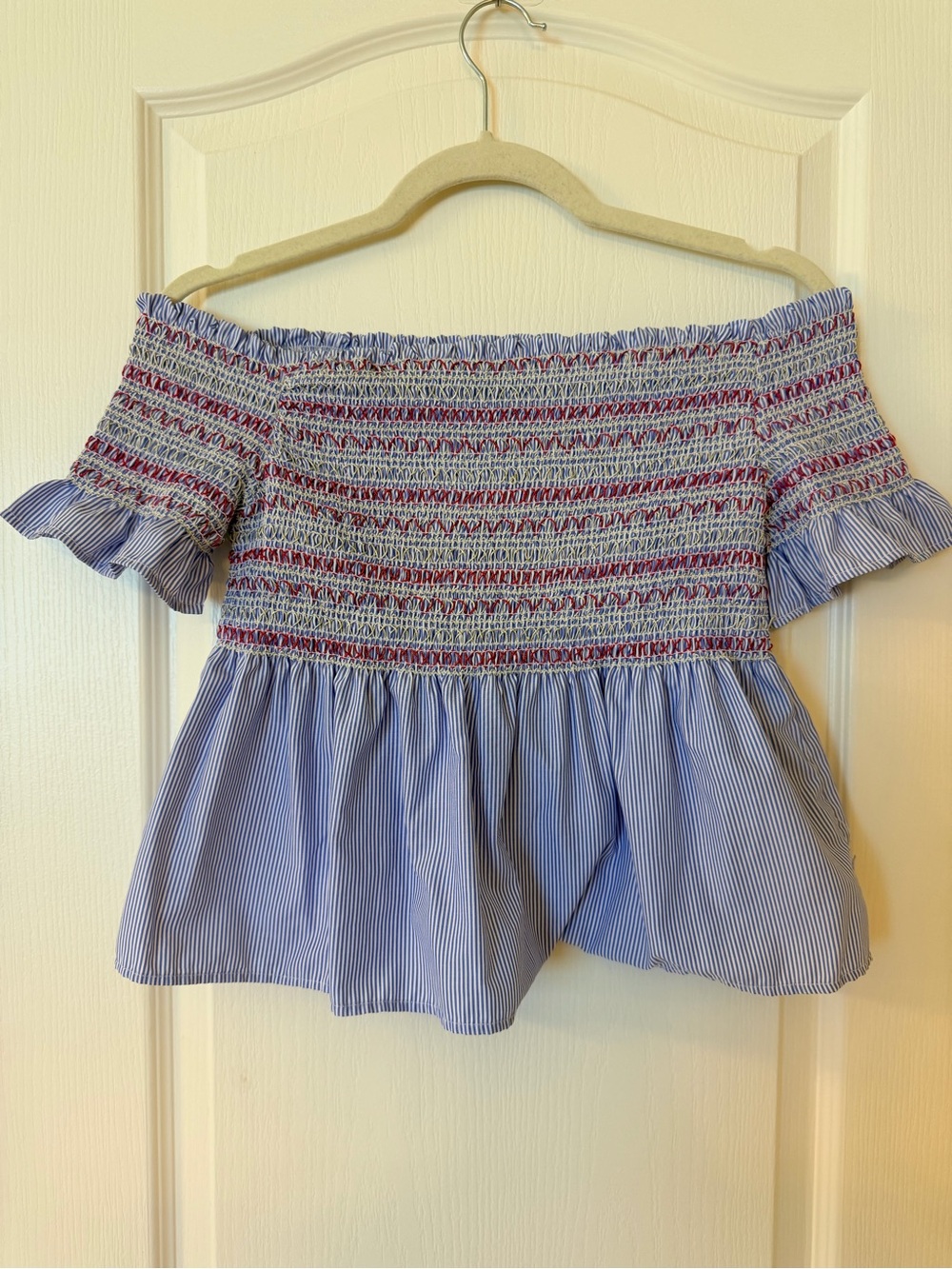 Style Envy Blue Striped Off-Shoulder Smocked Peplum Top with Red Accents